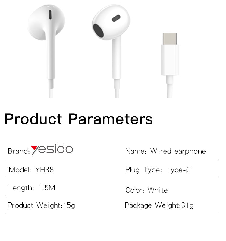YH38 Yesido® Type-C Plug Earphone Electrix Drive YH38