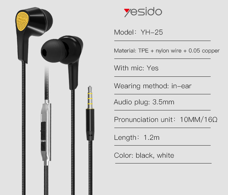 YH25 Yesido® Earphone,3.5mm plug earphone Electrix Drive YH25